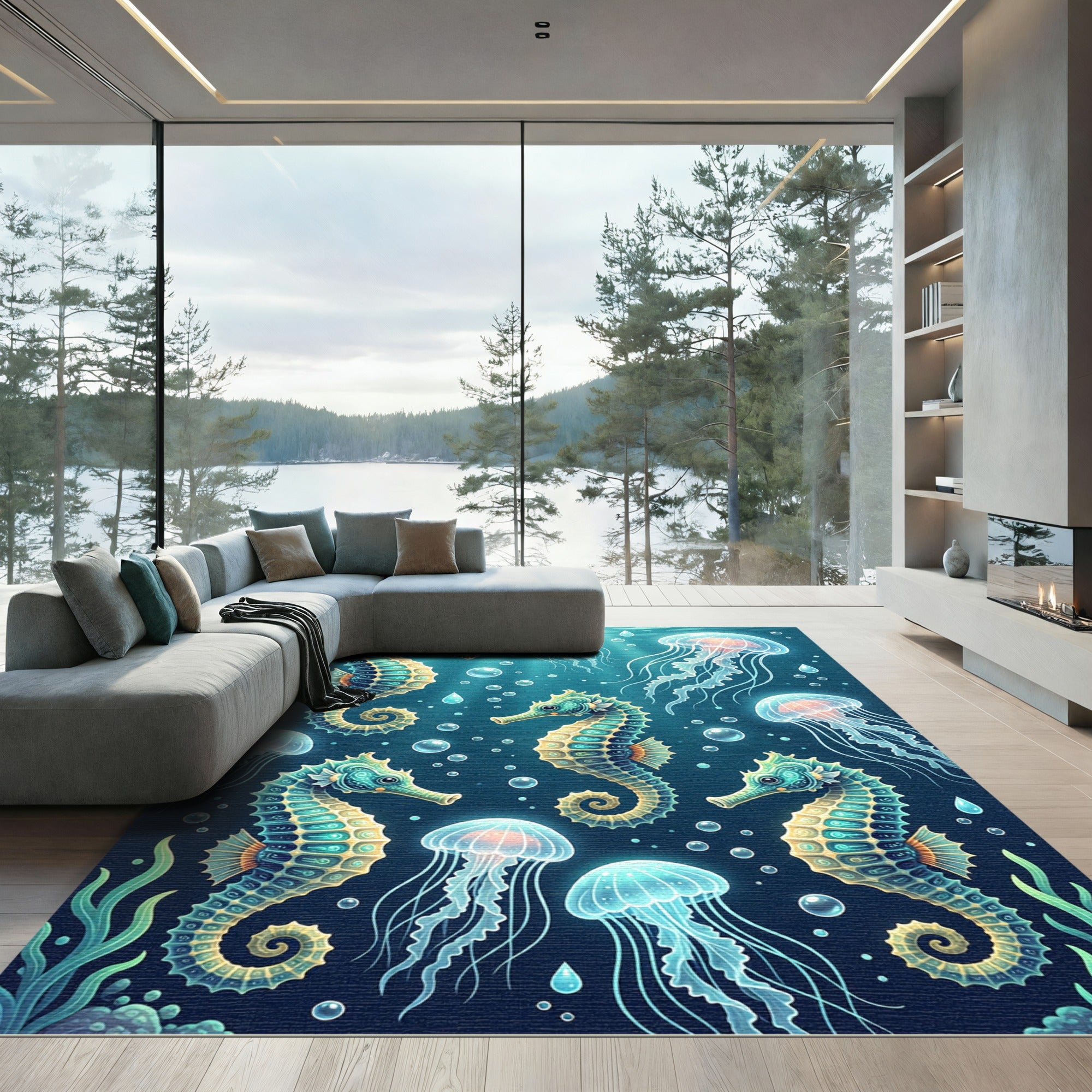 Aquatic Seahorse Jellyfish Swirls Rug