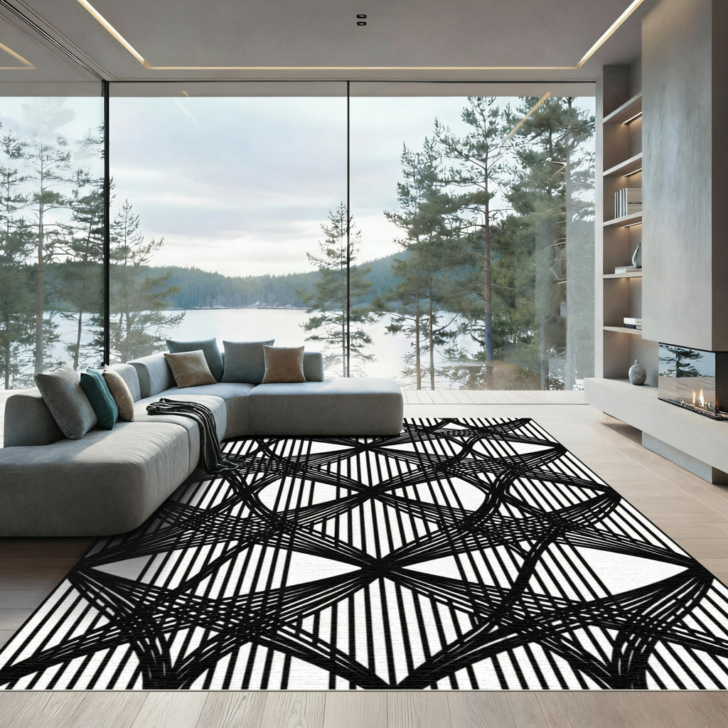 Monochrome Abstract Geometric Intersecting Linear Rug
