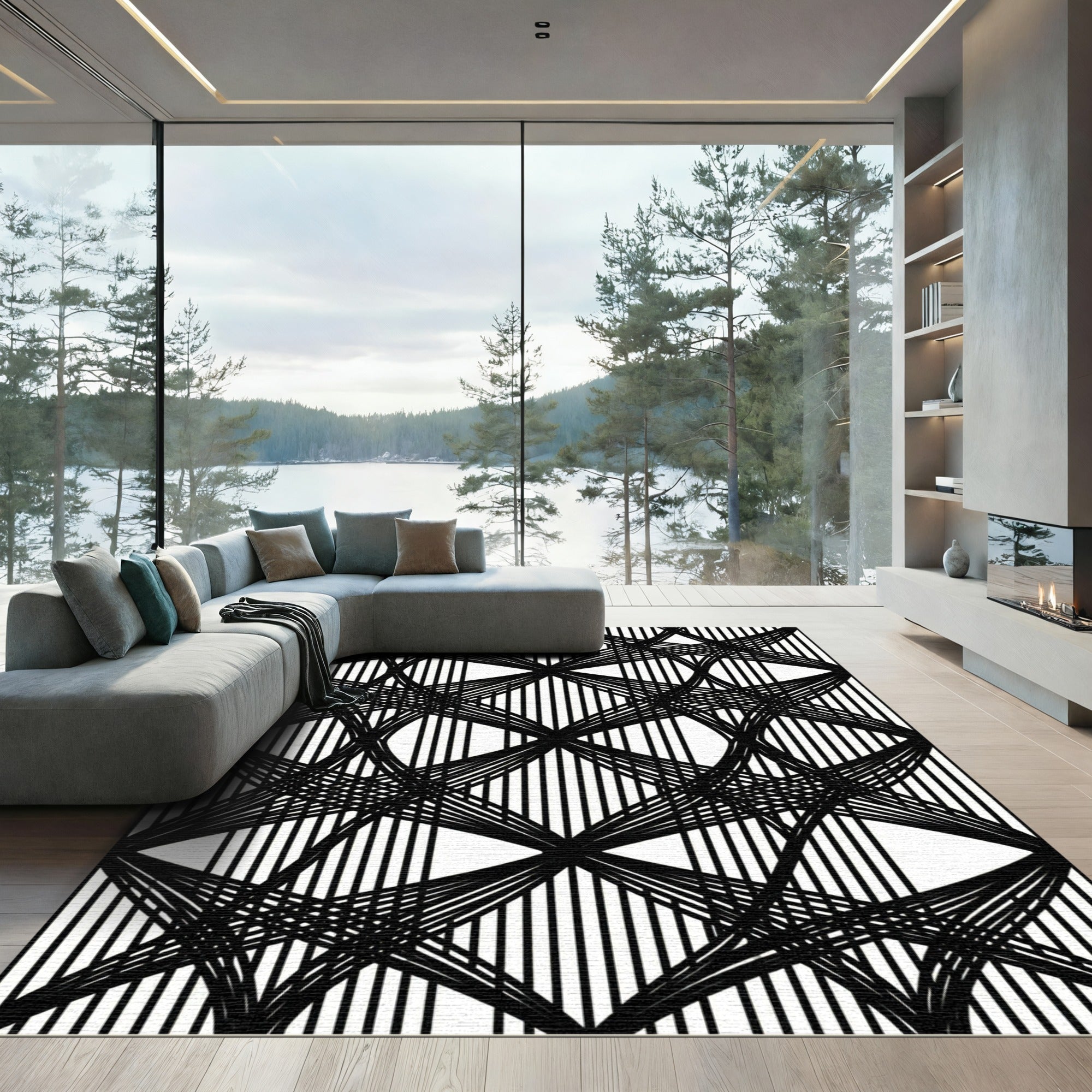 Monochrome Abstract Geometric Intersecting Linear Rug