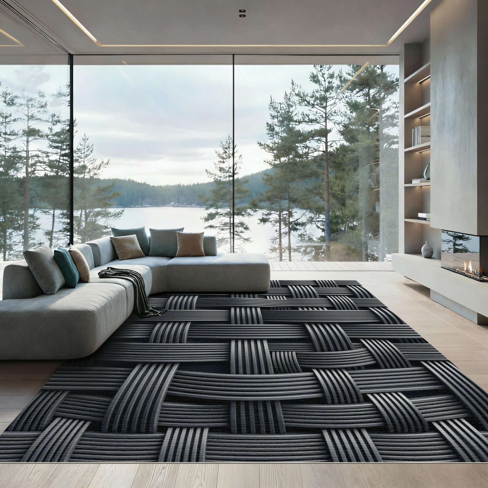 Dark Gray Woven Geometric Interlocked Texture Rug