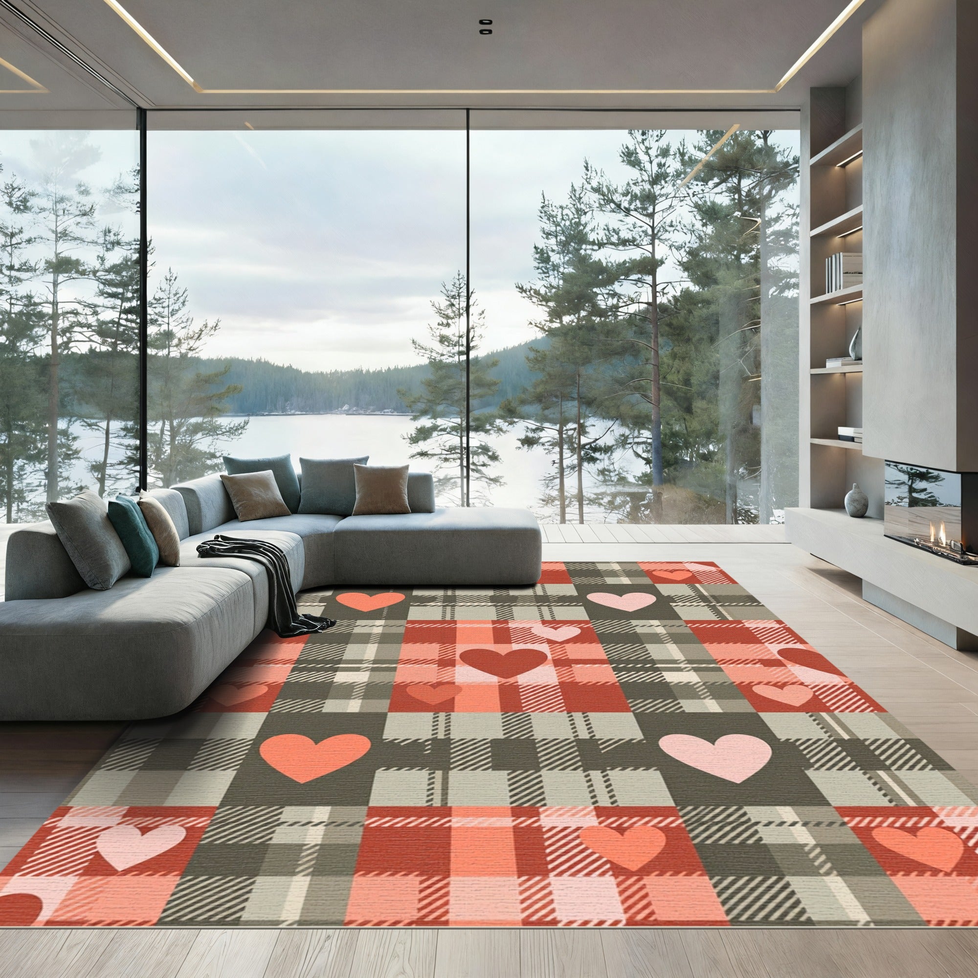 Blush and Charcoal Plaid Heart Rug