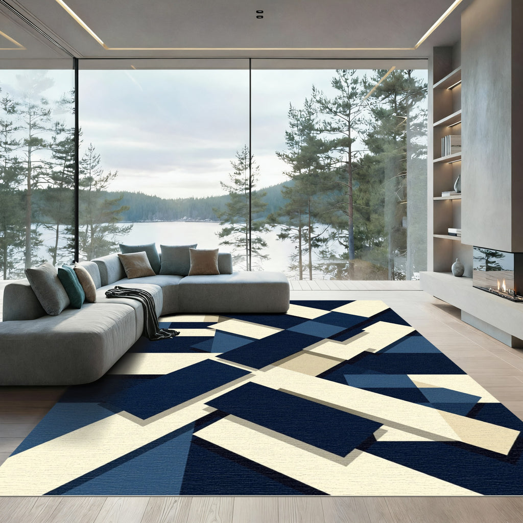 Geometric Shadowplay Dark Blue Cream Rug