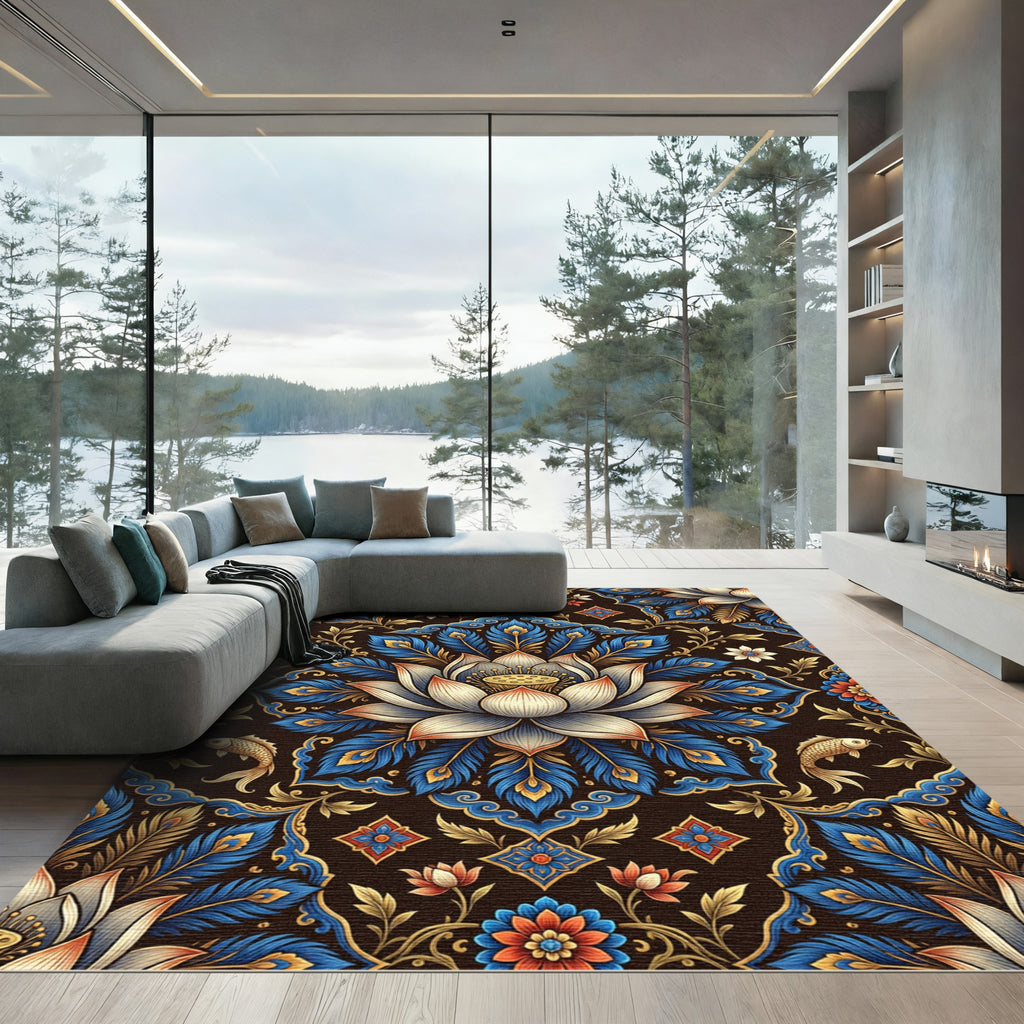 Luminous Gold Lotus Peacock Feather Tapestry Rug