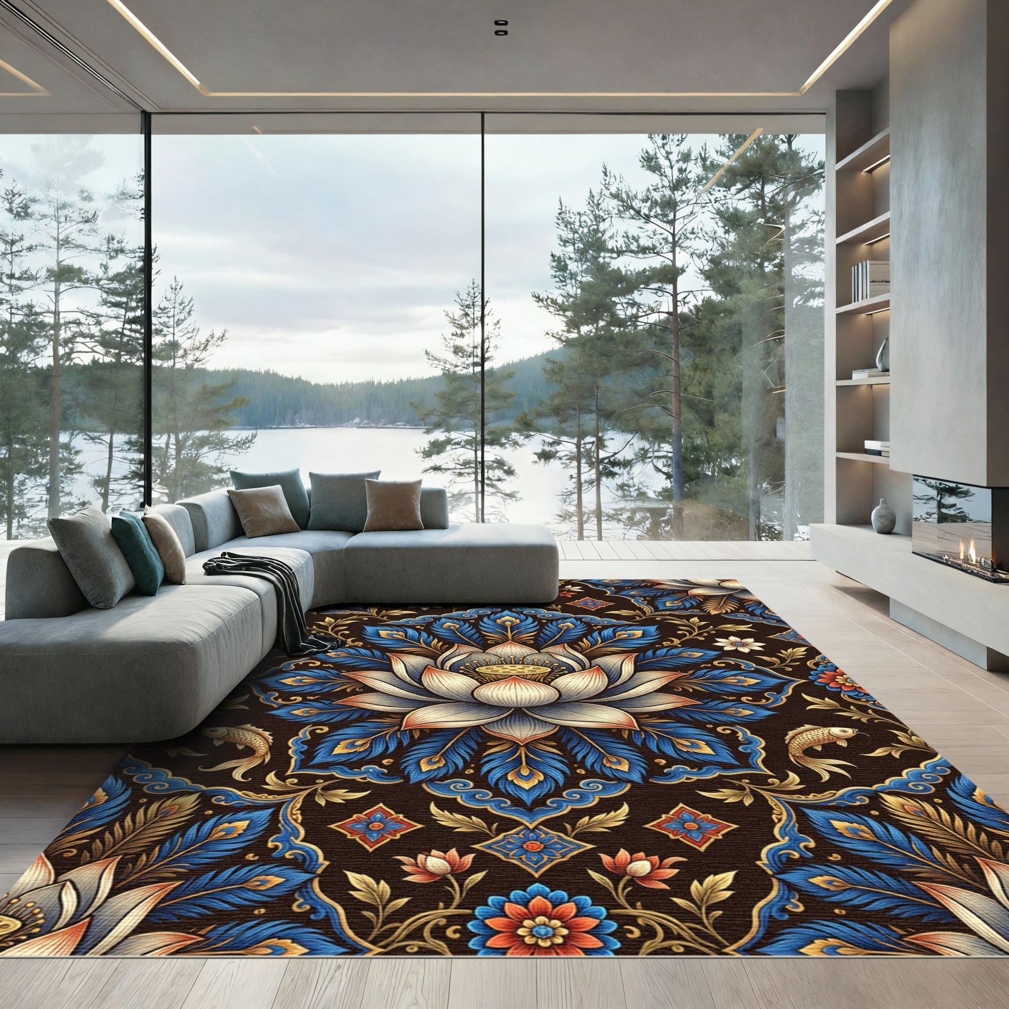 Luminous Gold Lotus Peacock Feather Tapestry Rug