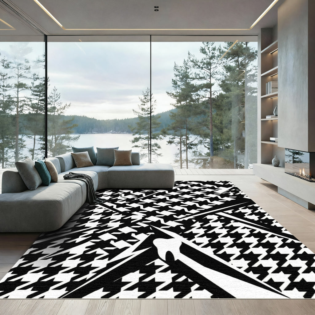 Bold Black and White Houndstooth Abstract Rug