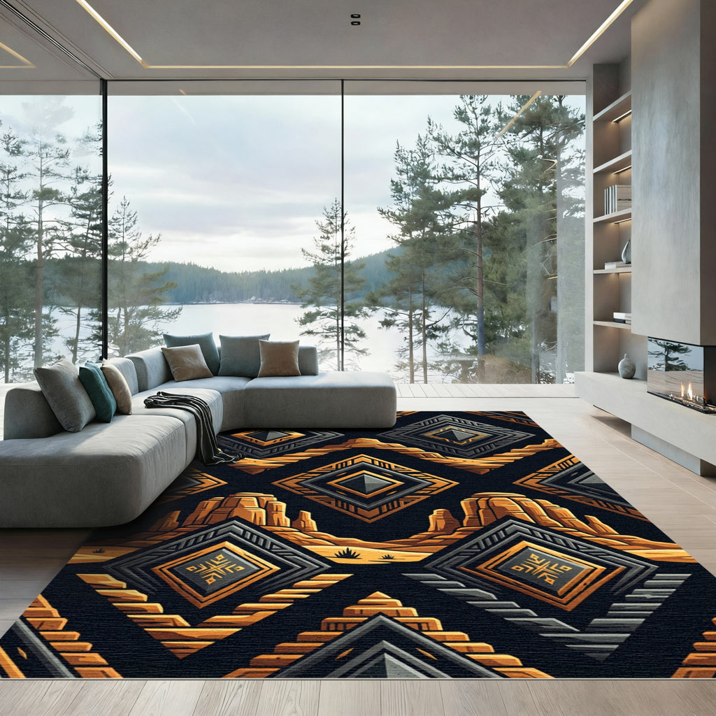 Golden Geometric Desert Mesa Art Deco Rug