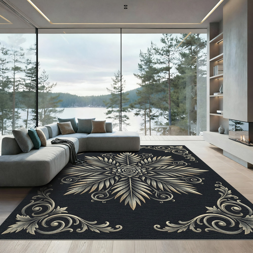 Elegant Charcoal Monochrome Botanical Rose Rug