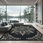 Elegant Charcoal Monochrome Botanical Rose Rug