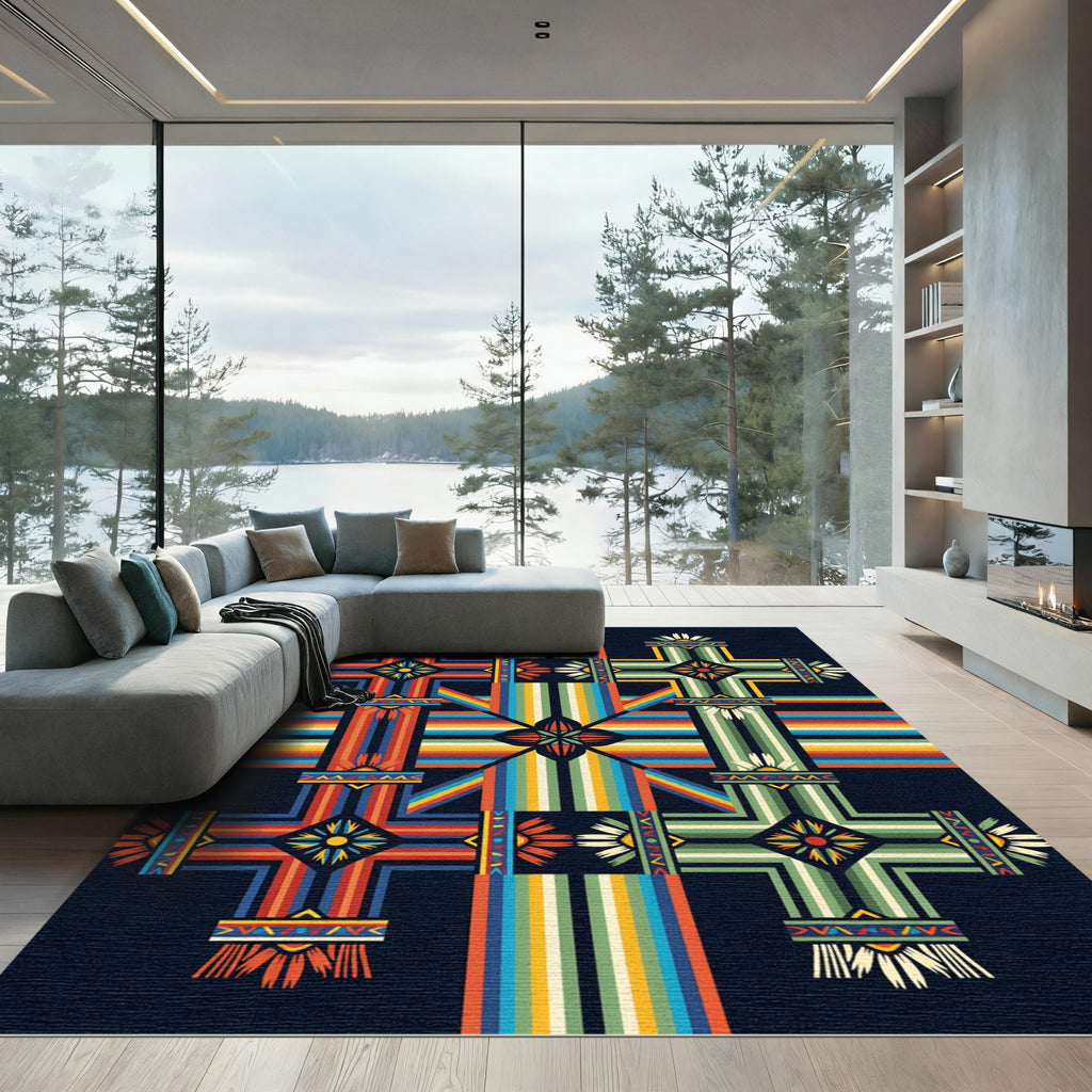 Vibrant Geometric Multicolored Radiant Cross Rug