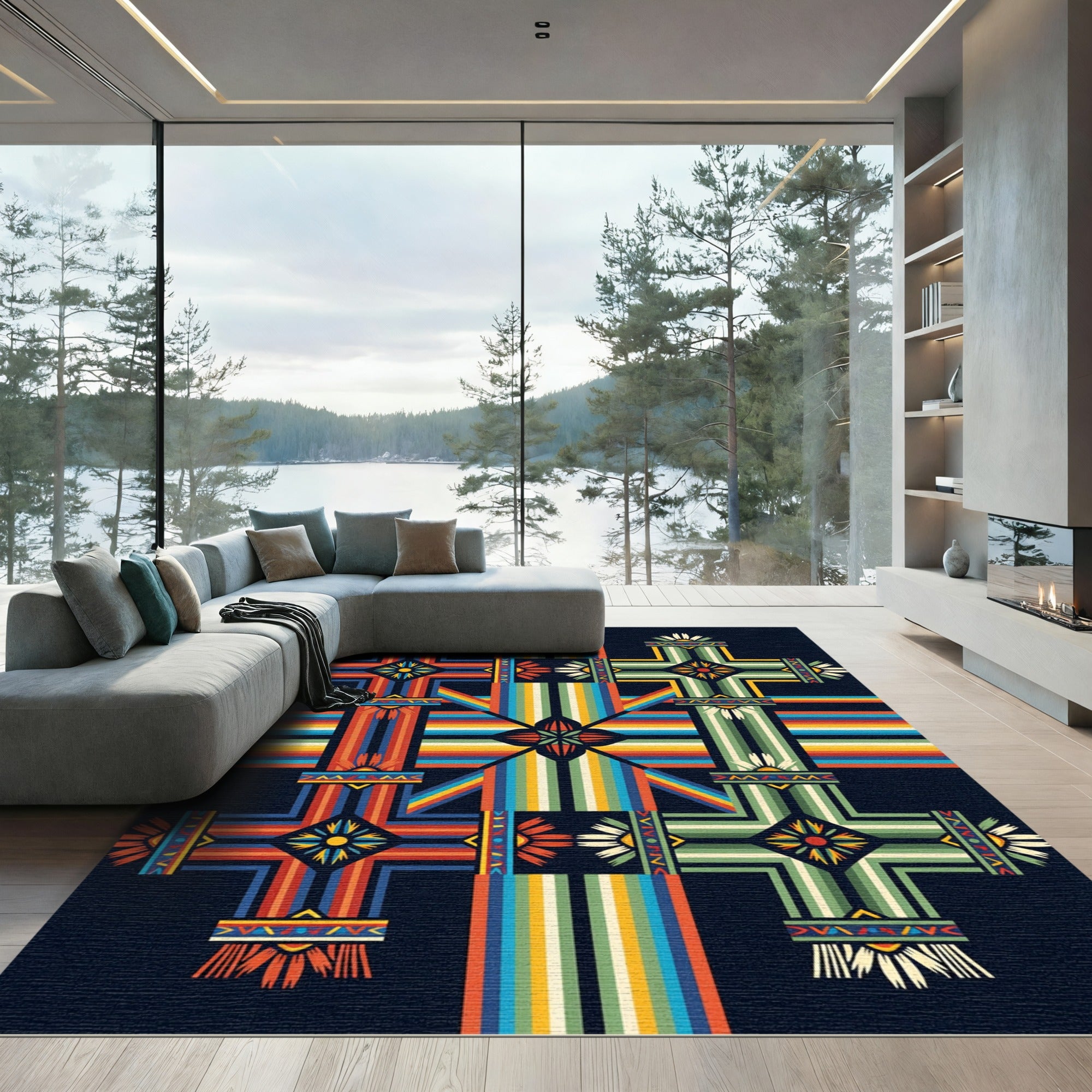 Vibrant Geometric Multicolored Radiant Cross Rug