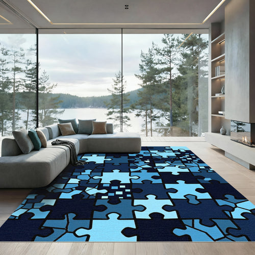 Abstract Blue Interlocking Jigsaw Tile Rug