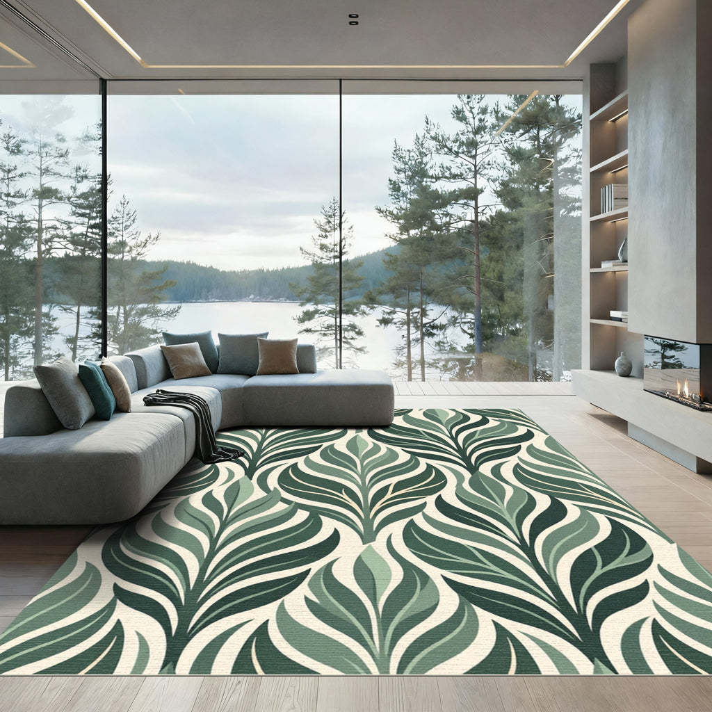 Olive Green Stylized Botanical Leaf Rug