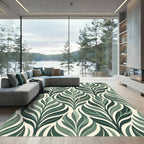Olive Green Stylized Botanical Leaf Rug