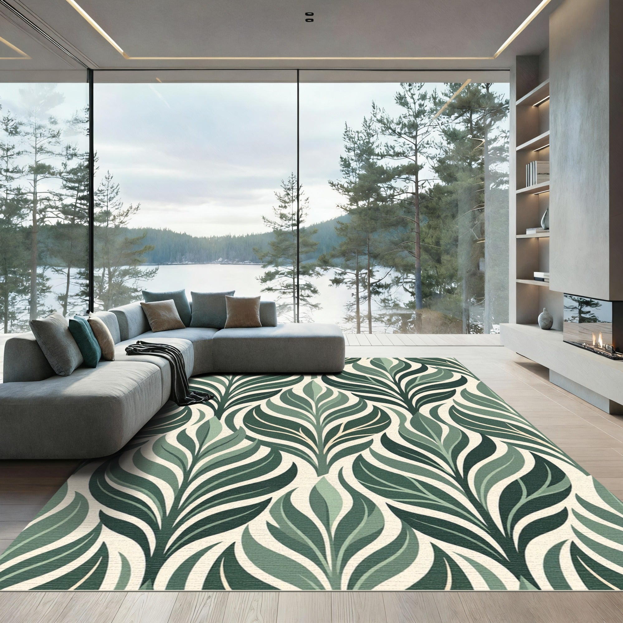 Olive Green Stylized Botanical Leaf Rug