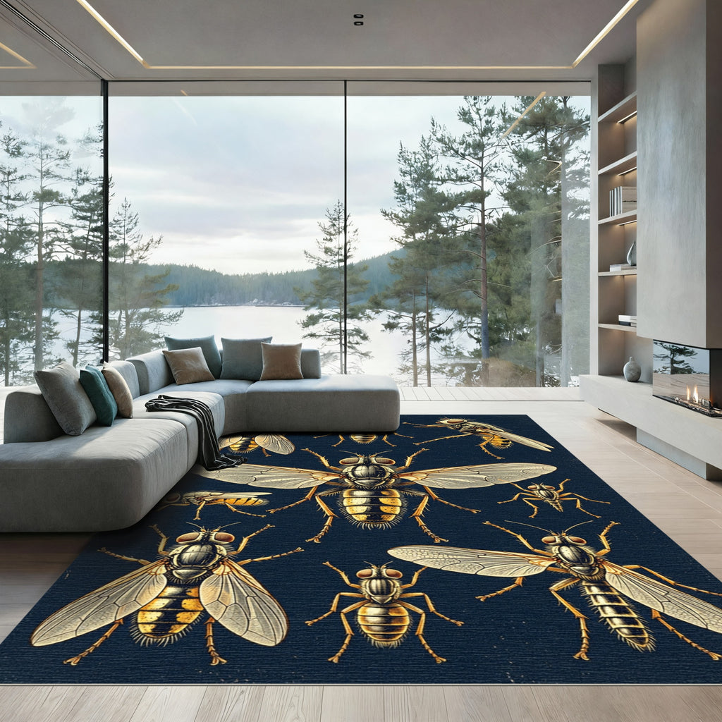 Entomological Golden Fly Illustration Art Rug