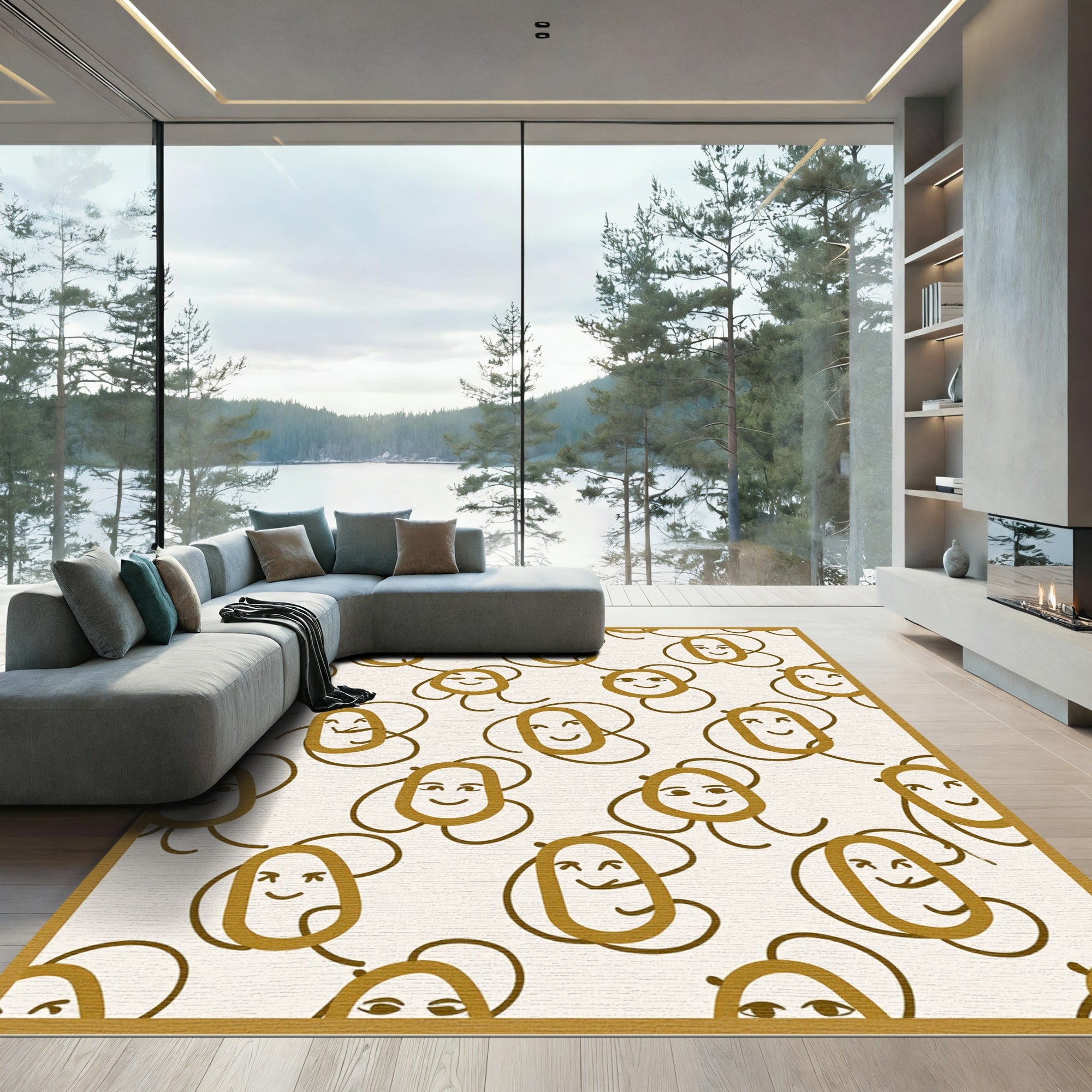 Whimsical Golden Face Line Art Rug