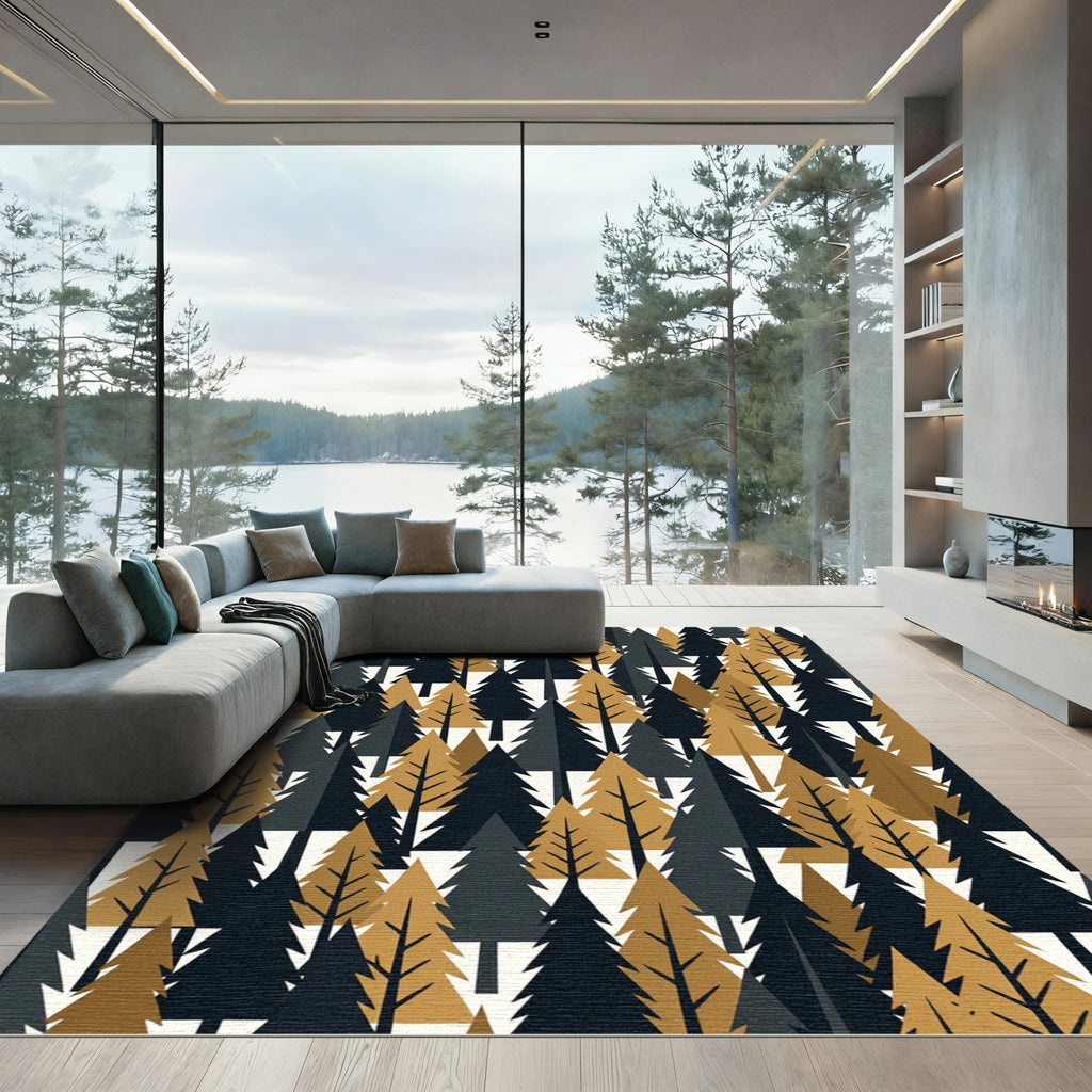 Modern Black and Gold Pine Forest Rug