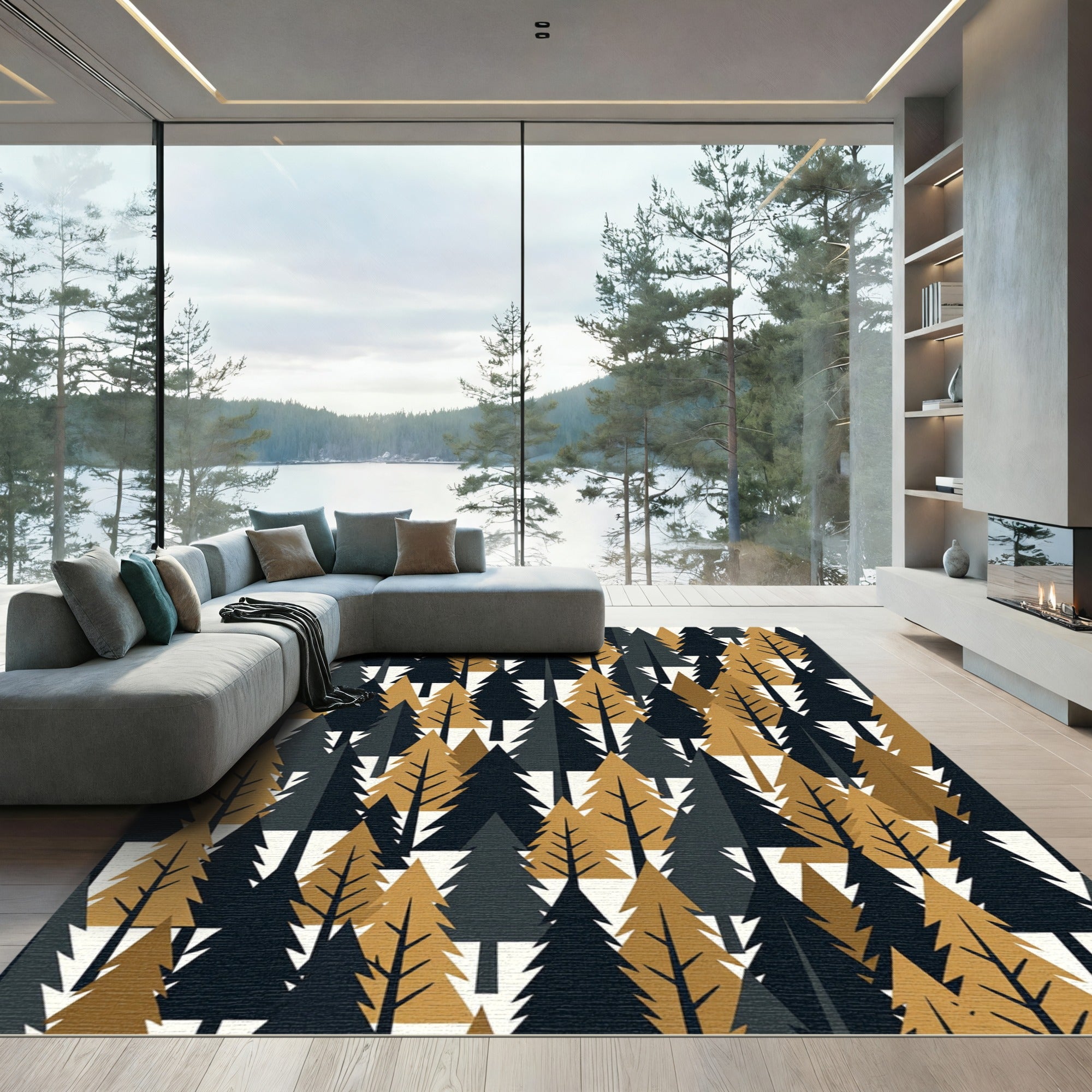 Modern Black and Gold Pine Forest Rug