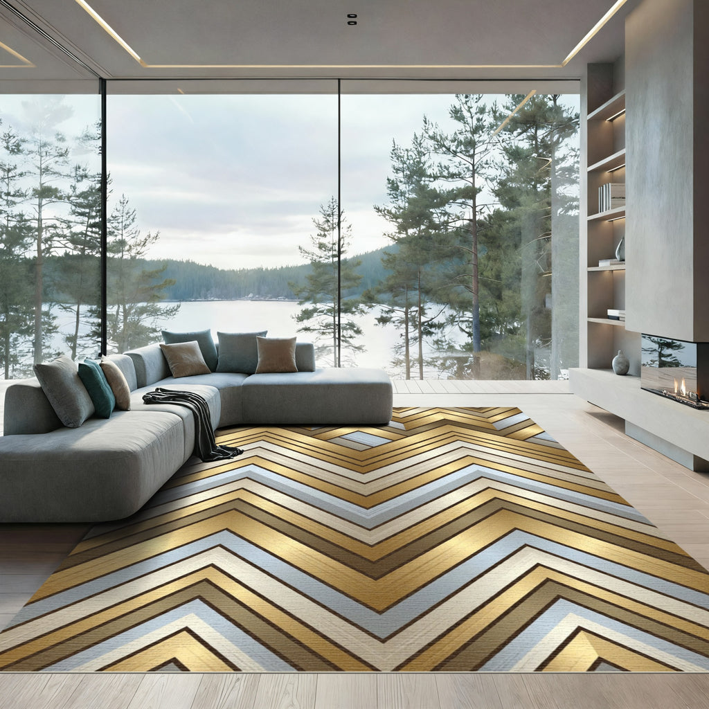 Gold Chevron Metallic Geometric Lines Rug