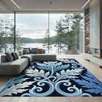 Deep Blue Frosted Fern Scrolls Rug