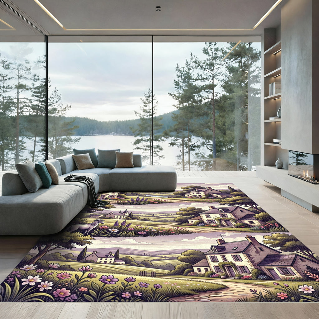 Pastoral Countryside Village Horse Floral Rug