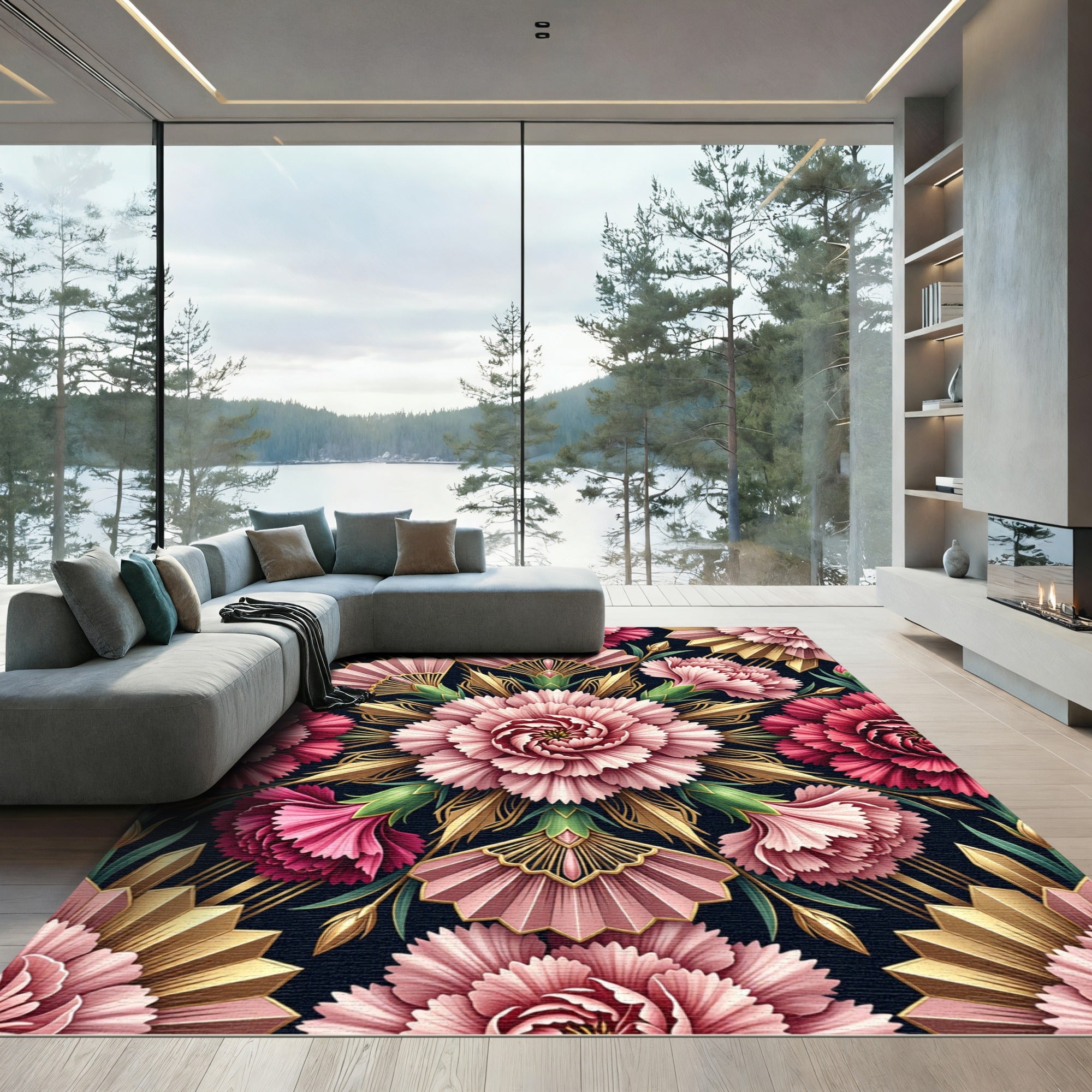 Pink Carnation Art Deco Floral Medallion Rug