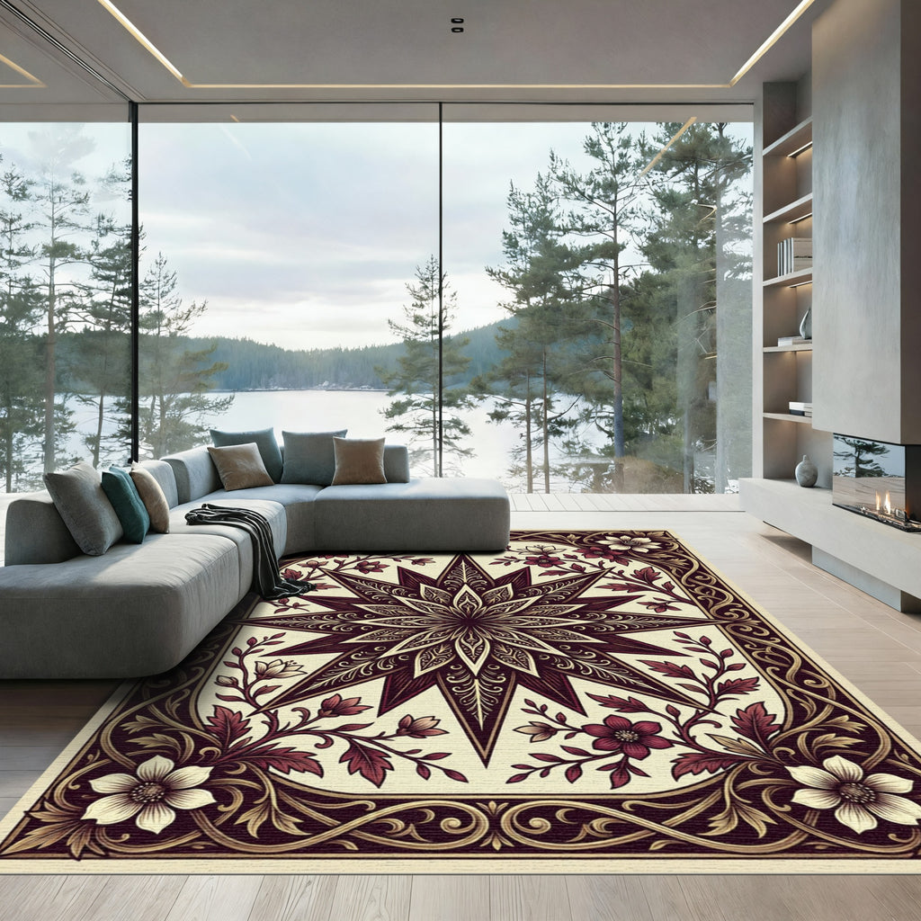 Elegant Deep Burgundy Floral Star Tapestry Rug