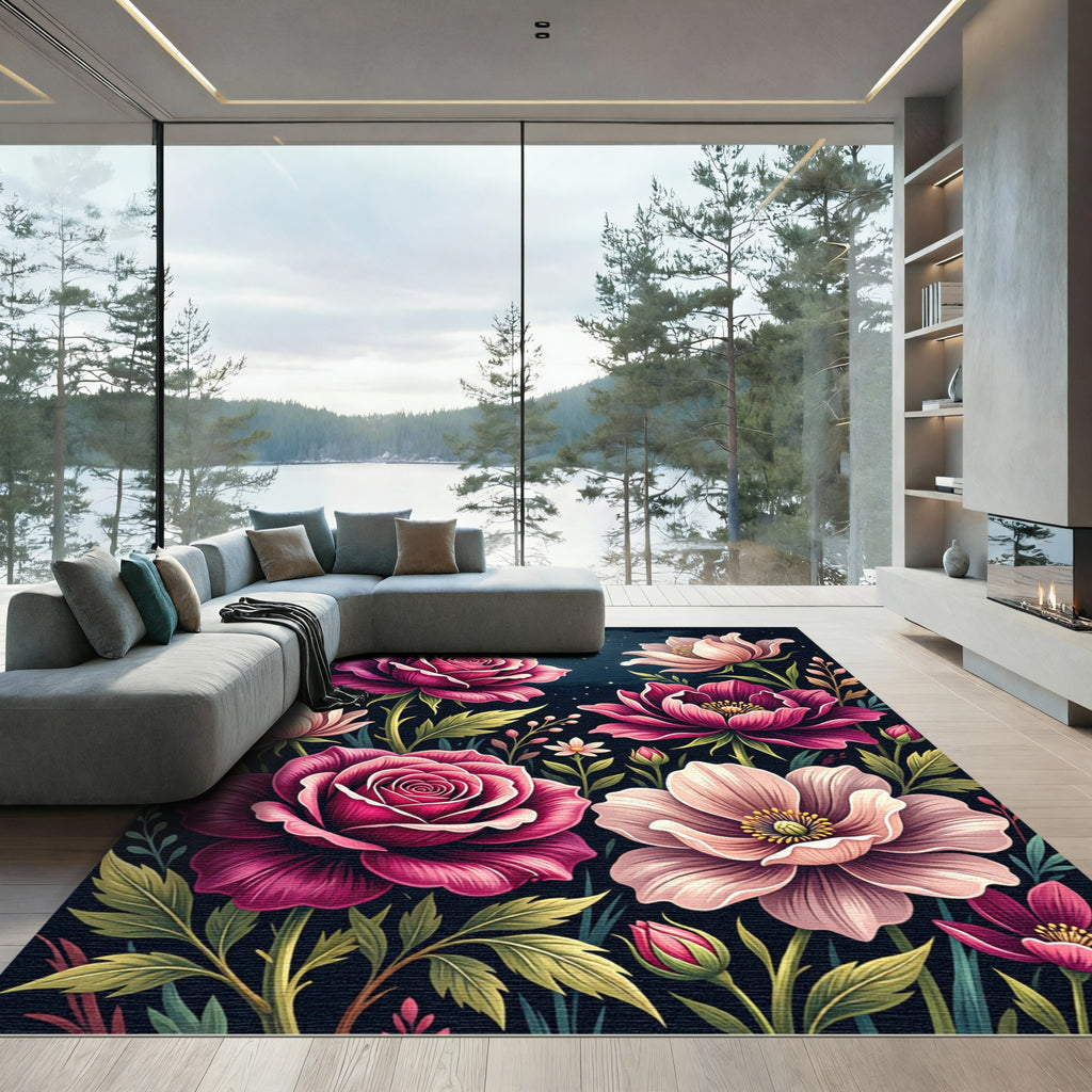 Midnight Magenta Rose Floral Garden Rug