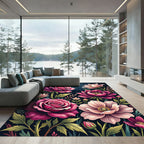 Midnight Magenta Rose Floral Garden Rug