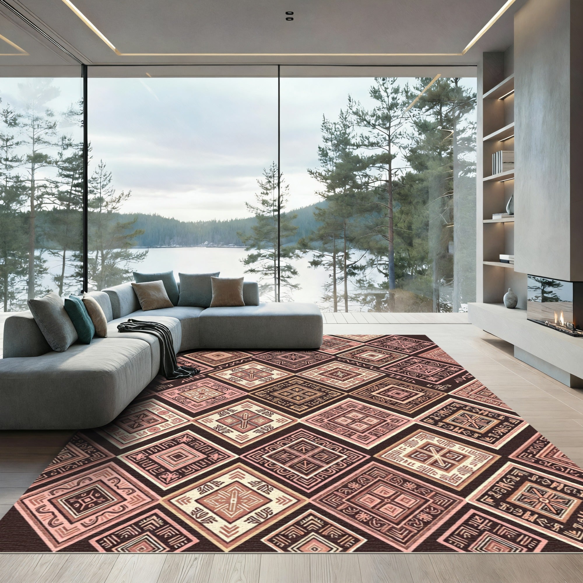 Pink Tan Diamond Tribal Ornament Rug