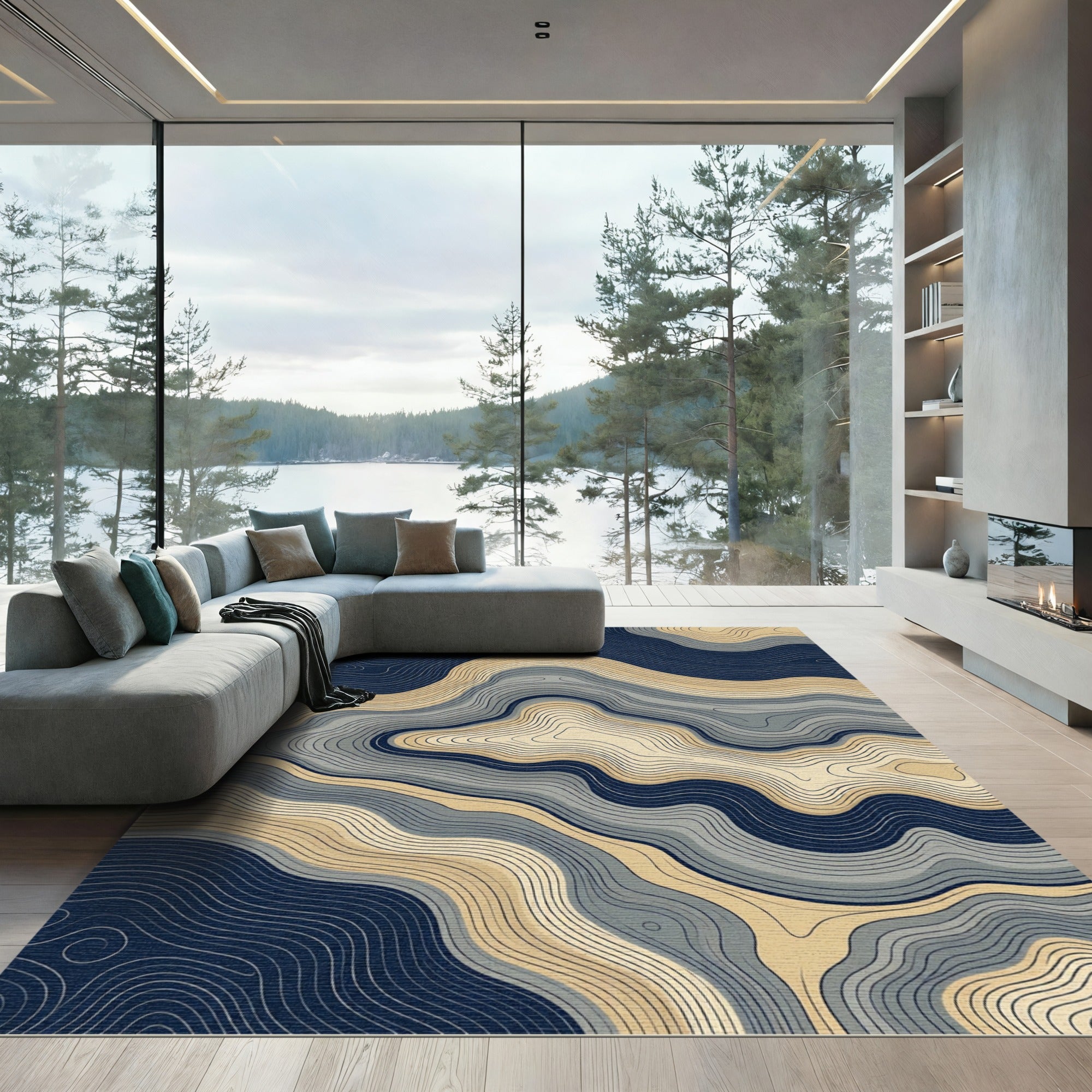 Navy and Gold Abstract Topographic Wave Rug