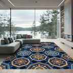Navy Blue Golden Hexagon Geometric Medallion Rug