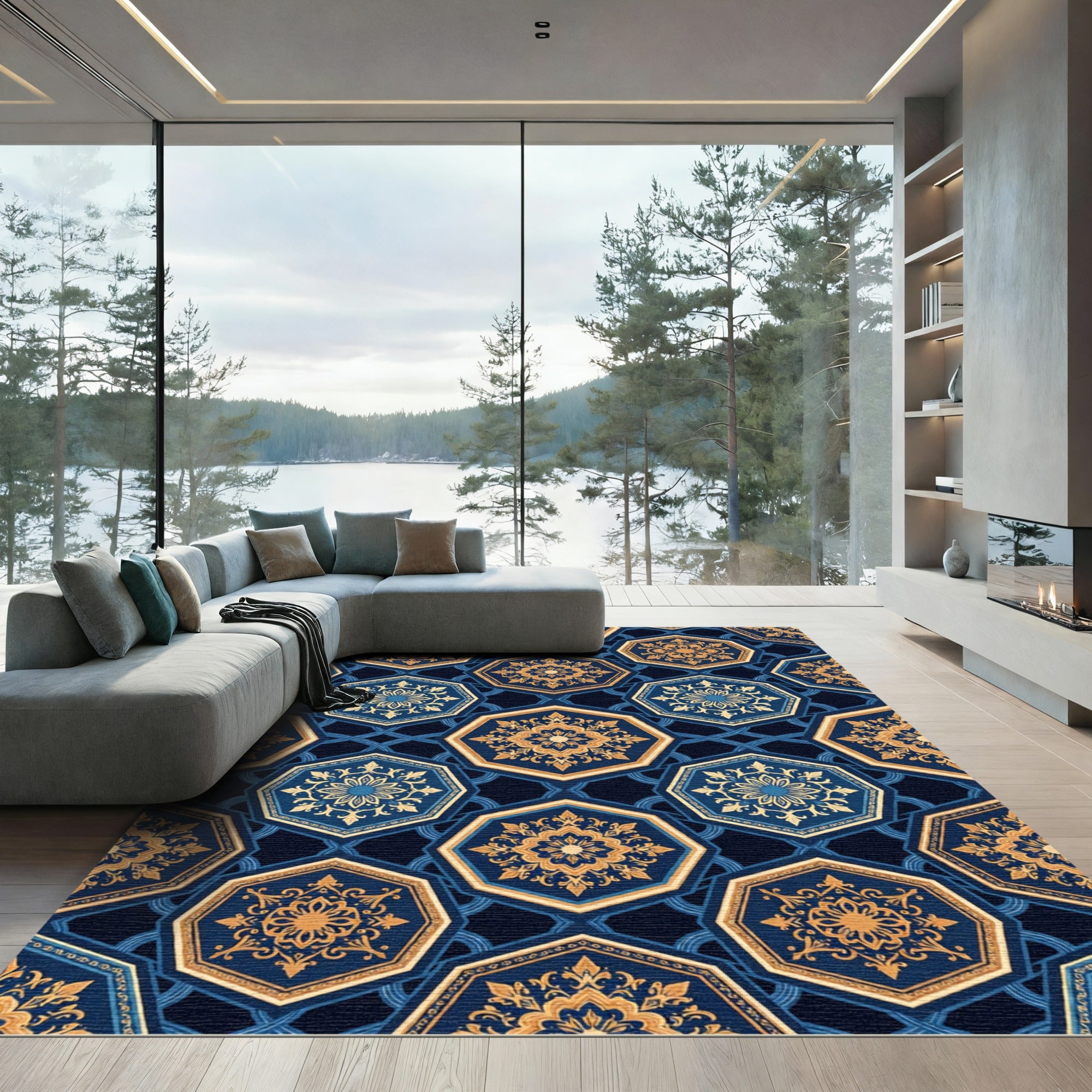 Navy Blue Golden Hexagon Geometric Medallion Rug