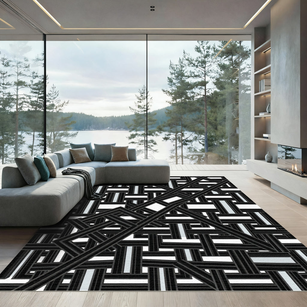 Black and White Interwoven Geometric Rug