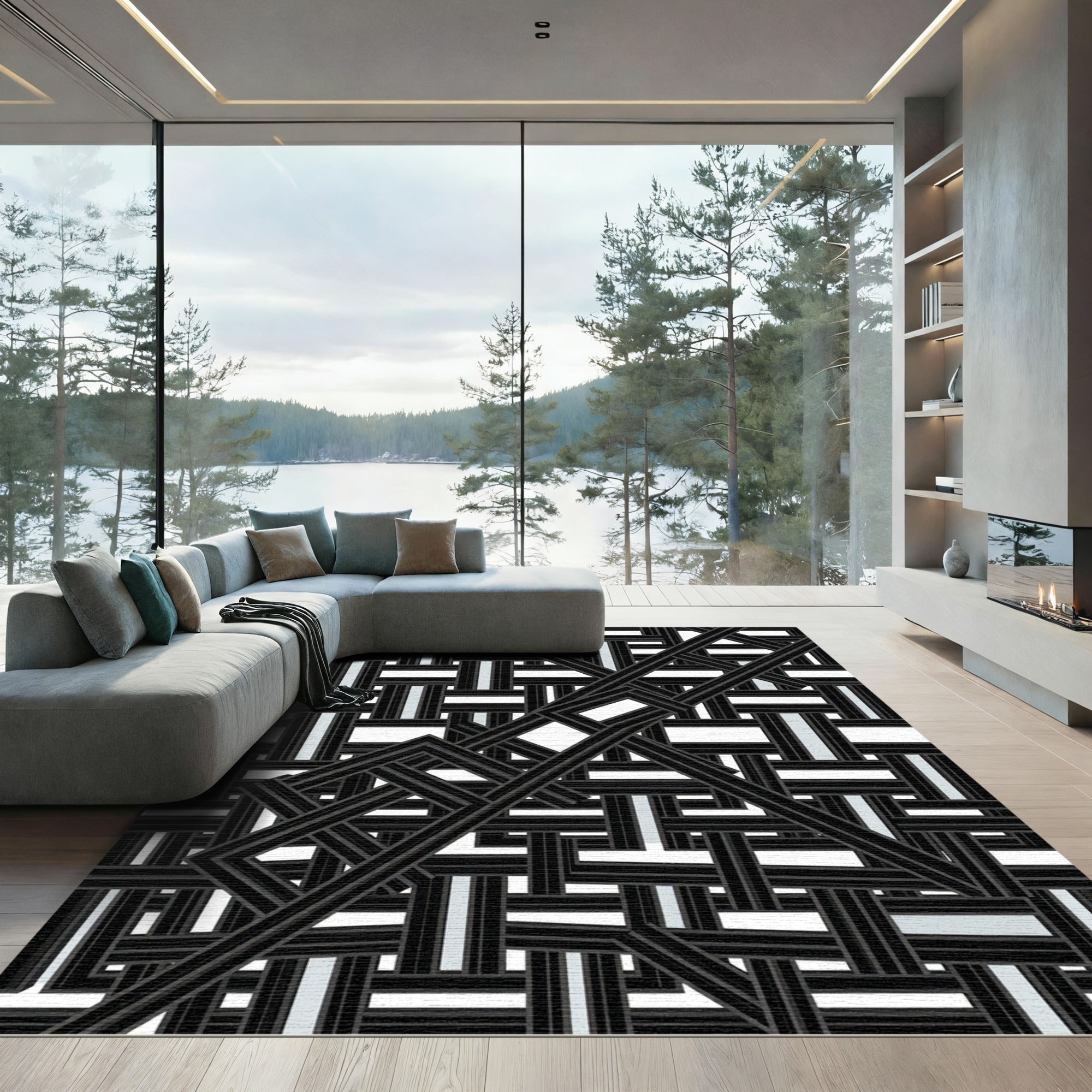 Black and White Interwoven Geometric Rug