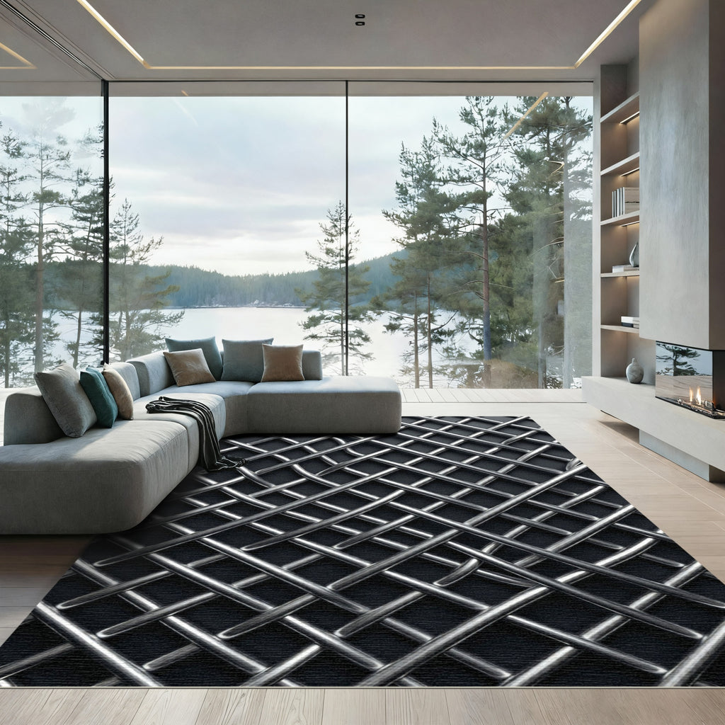 Industrial Metallic Silver Intersecting Grid Rug