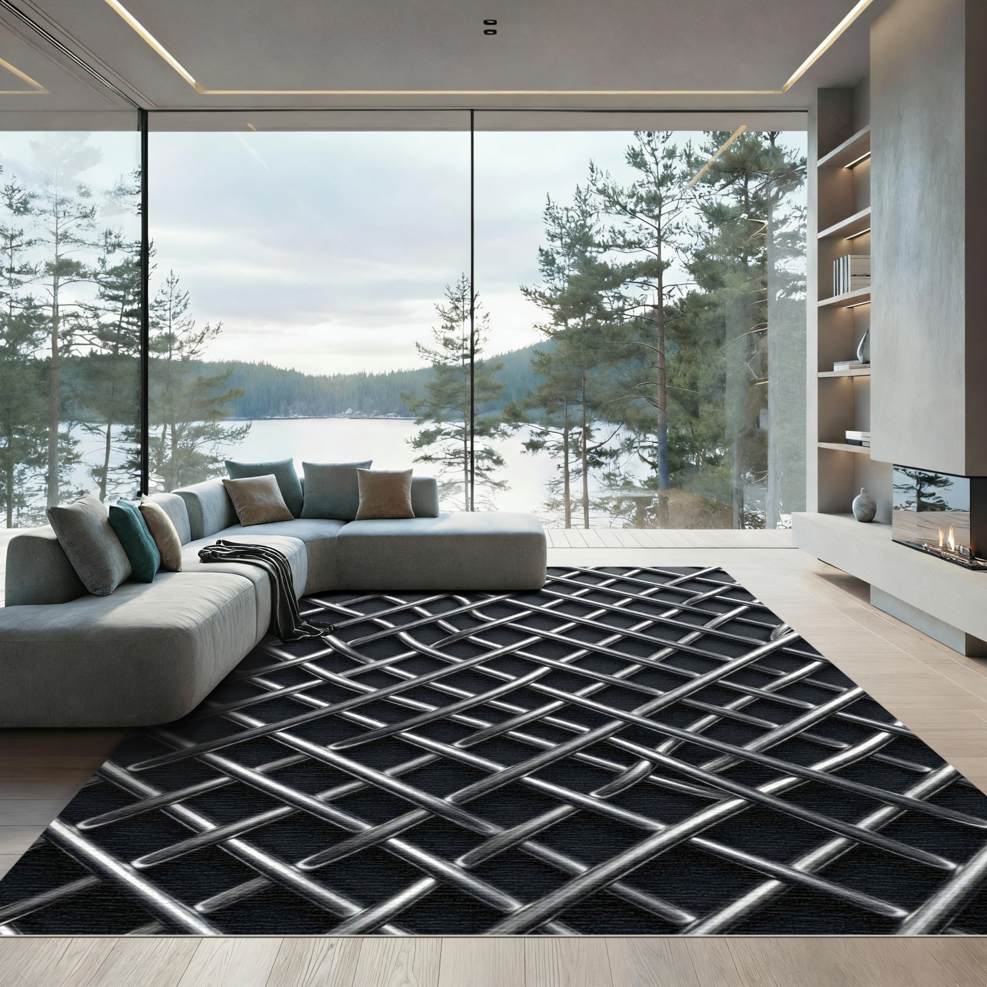 Industrial Metallic Silver Intersecting Grid Rug