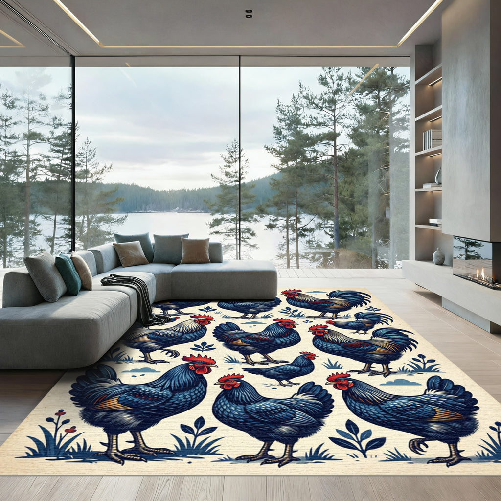 Vintage Indigo Rooster Farmhouse Art Rug