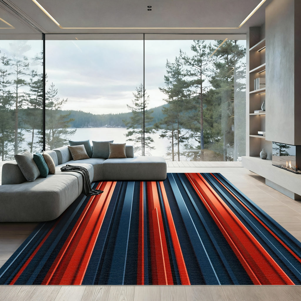 Modern Deep Blue Orange Stripes Rug