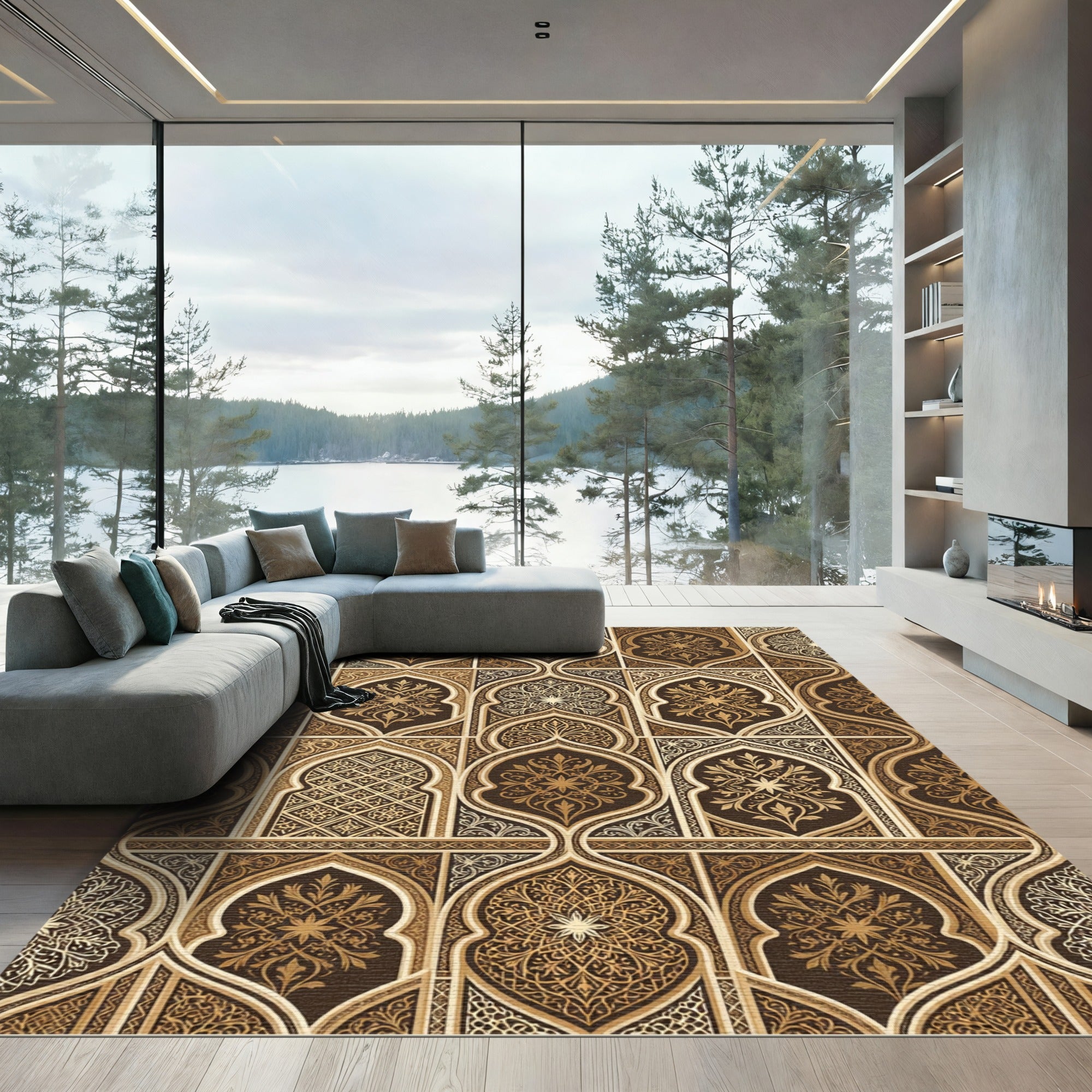Elaborate Brown Golden Arabesque Arch Rug