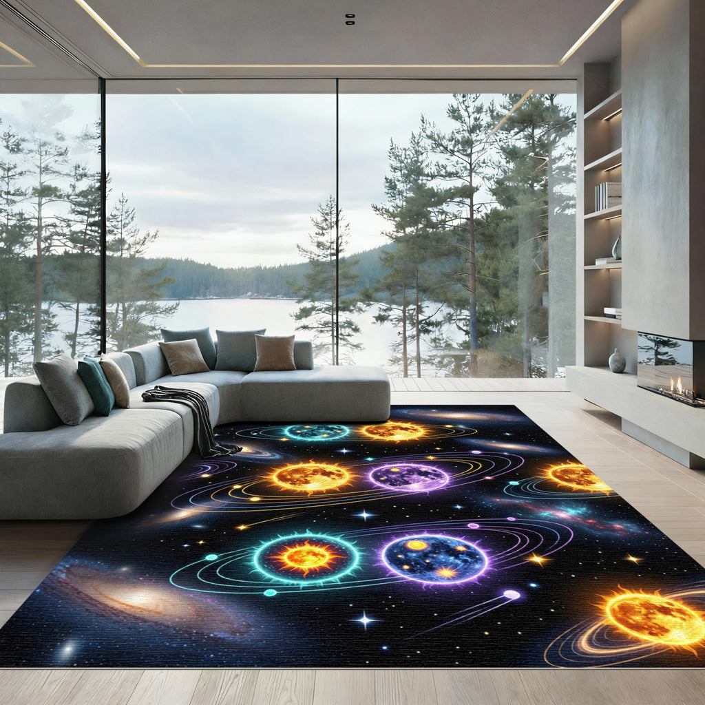 Glowing Celestial Stars and Neon Galaxies Rug