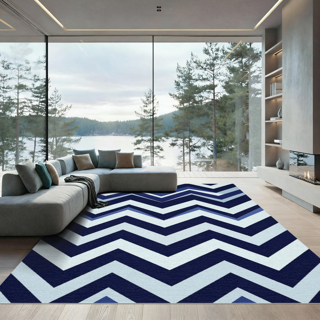 Modern Navy and Light Blue Chevron Rug