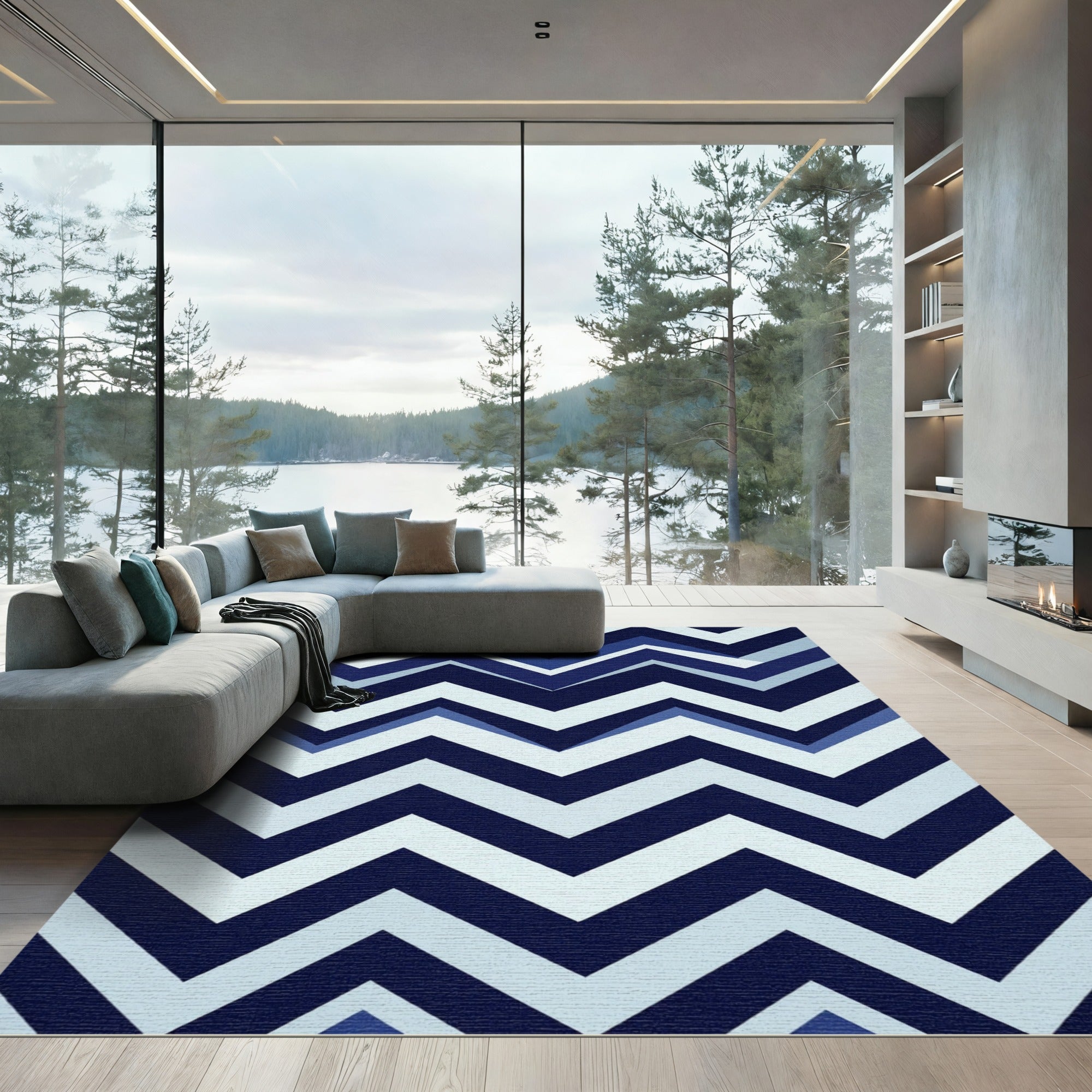 Modern Navy and Light Blue Chevron Rug