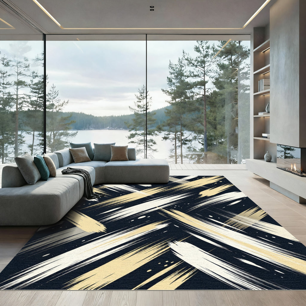 Modern Cream and Gold Brushstroke Rug