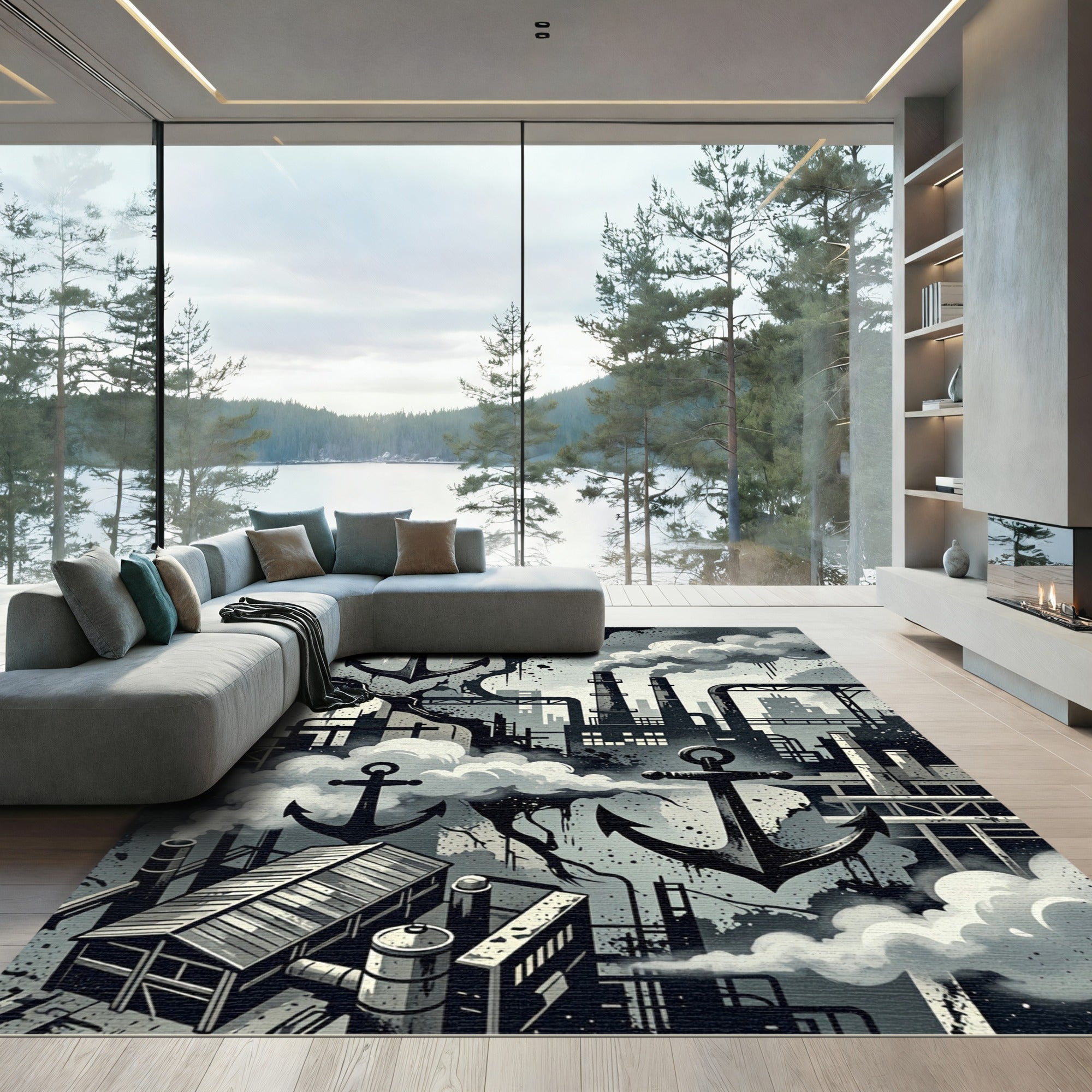 Industrial Monochrome Anchor Urban Smoke Rug