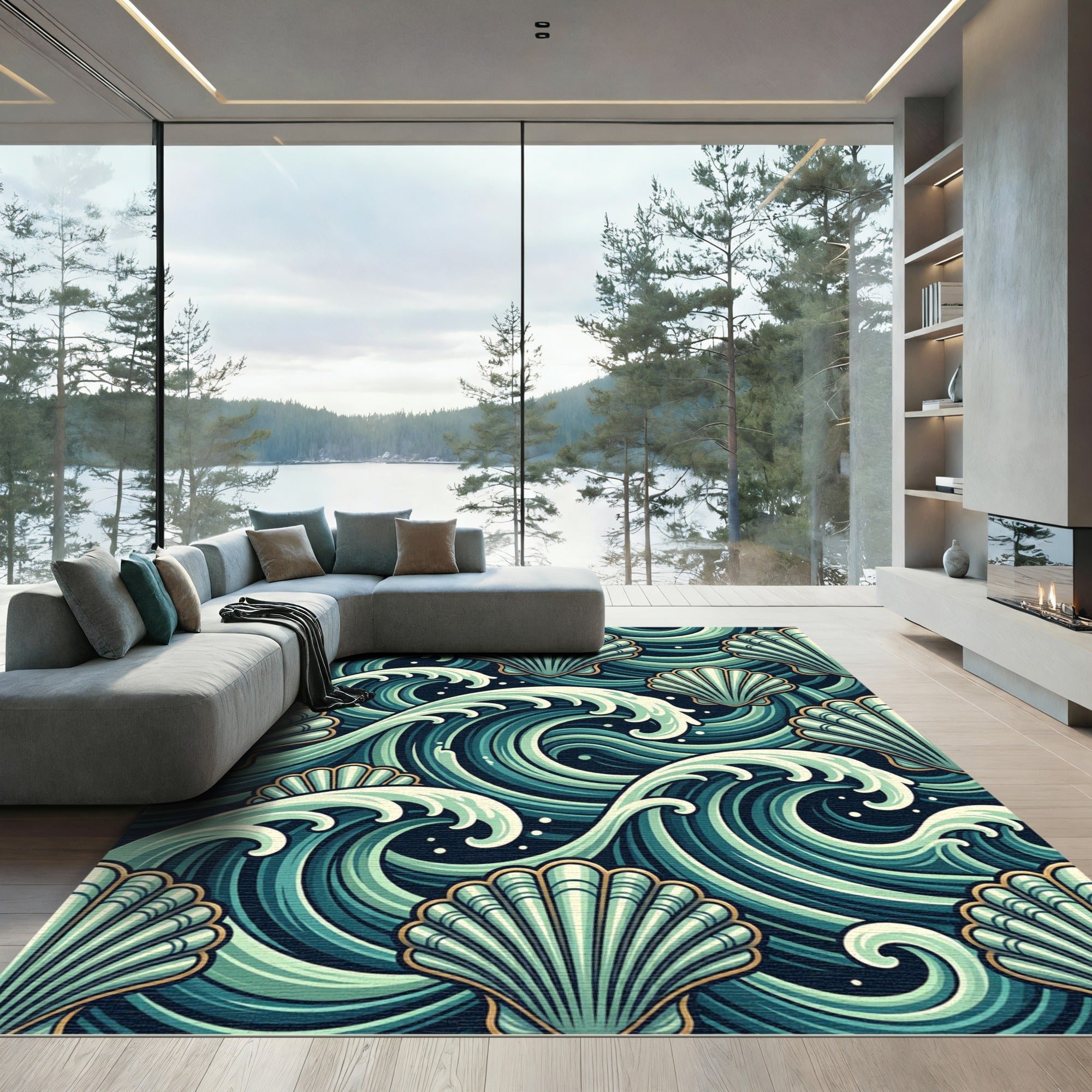 Aqua Seashell Wave Composition Rug