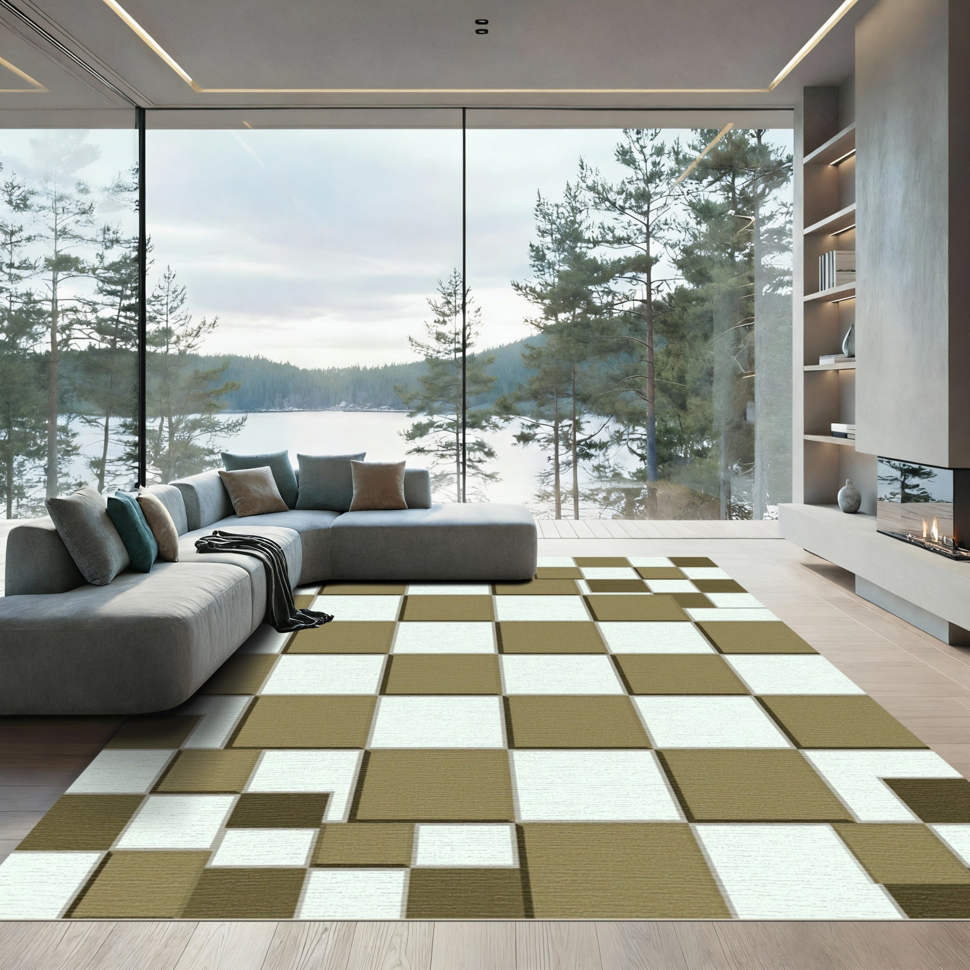 Earthy Brown White Square Illusion Rug