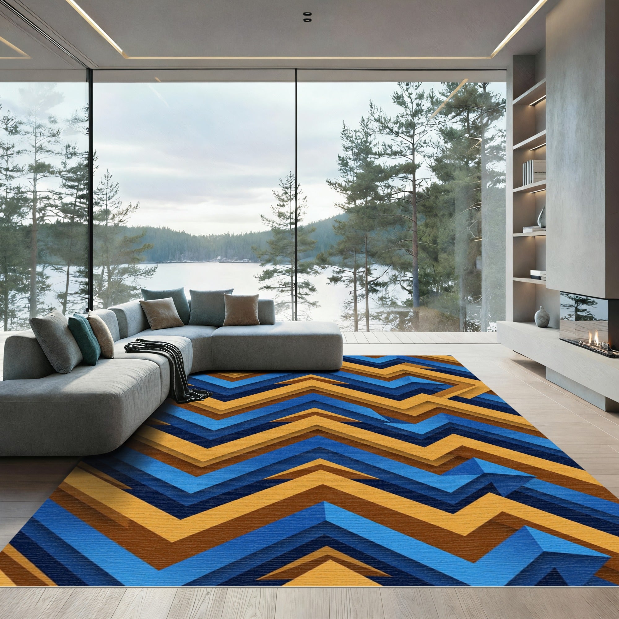 Modern Blue and Gold Chevron Zigzag Rug