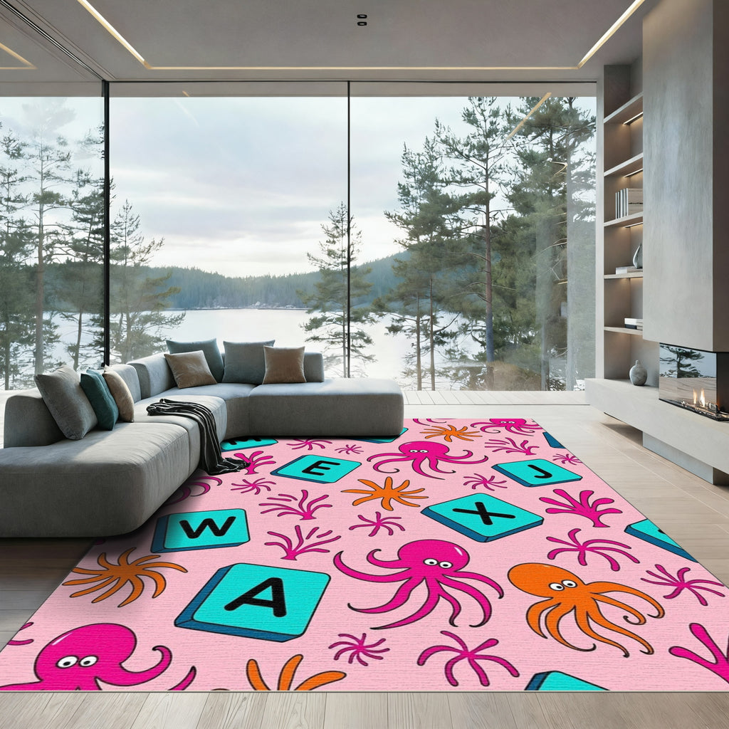 Pink Octopus Sea Coral Alphabet Tiles Rug