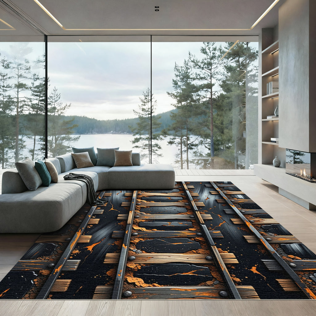 Industrial Steel Wood Grain Tracks Rug